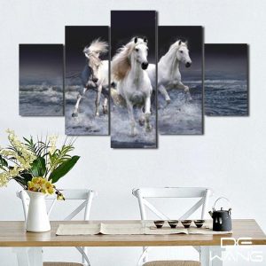 3 White Horses - Animal 5 Panel Canvas Art Wall Decor