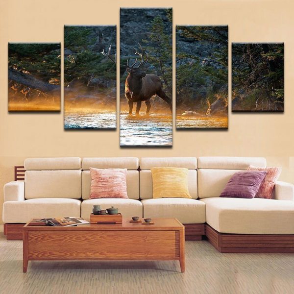 A Deer And A Lake - Animal 5 Panel Canvas Art Wall Decor