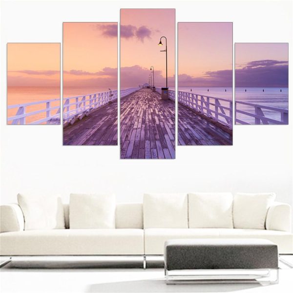 A Long Bridge Under The Purple Sunset - Nature 5 Panel Canvas Art Wall Decor