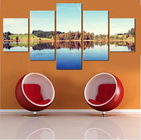 A View By The Lake - Nature 5 Panel Canvas Art Wall Decor