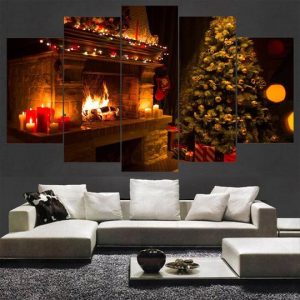 A Warm Fireplace At Christmas - Abstract 5 Panel Canvas Art Wall Decor