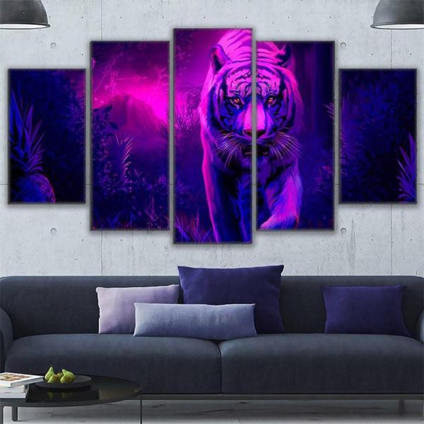 Abstract Animal Mystic Tiger - Animal 5 Panel Canvas Art Wall Decor