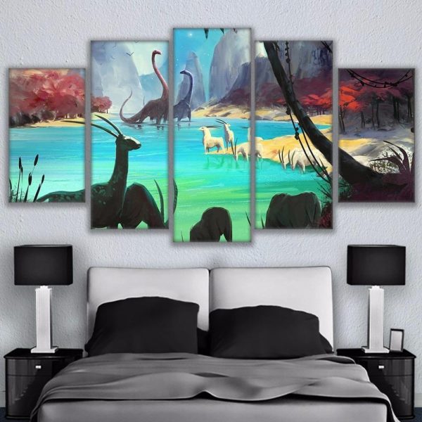 Abstract No Man’Sky Dinosaur Antelope - Gaming 5 Panel Canvas Art Wall Decor