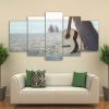 Acoustic Guitar On The Beach - Music 5 Panel Canvas Art Wall Decor