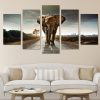 African Elephant On Road Sunset 15- Animal 5 Panel Canvas Art Wall Decor