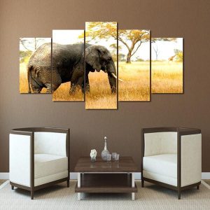 African Elephant Safari - Tree 11 - Animal 5 Panel Canvas Art Wall Decor