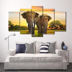 African Elephants At Sunset 13 - Animal 5 Panel Canvas Art Wall Decor