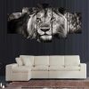 African Lion King Of Beast Black And White Modern - Animal 5 Panel Canvas Art Wall Decor