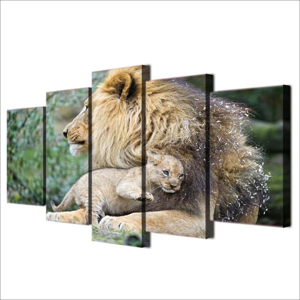 African Lion Mother - Animal 5 Panel Canvas Art Wall Decor