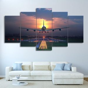 Airplane 747 Aviation Landing Sunset Airport Airplane - 5 Panel Canvas Art Wall Decor