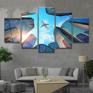 Airplane In Flight 1 - Airplane 5 Panel Canvas Art Wall Decor