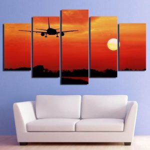 Airplane In Red Sunset - Airplane 5 Panel Canvas Art Wall Decor