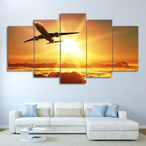 Airplane In Sunset Take Off - Airplane 5 Panel Canvas Art Wall Decor