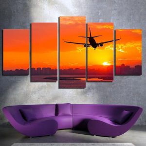 Airplane Sunset And Buildings - Airplane 5 Panel Canvas Art Wall Decor