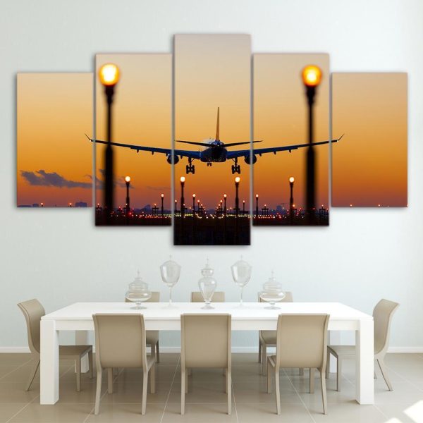 Airplane Sunset Glow Aircraft - Airplane 5 Panel Canvas Art Wall Decor