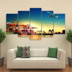 Airplane Sunset In Port - Airplane 5 Panel Canvas Art Wall Decor