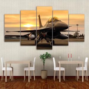 Airplane Sunset On Field - Airplane 5 Panel Canvas Art Wall Decor