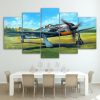 Airplane Take Off On Green Grass - Airplane 5 Panel Canvas Art Wall Decor