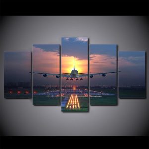 Airplane Taking Off Sunset - Airplane 5 Panel Canvas Art Wall Decor