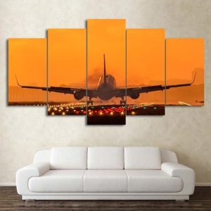 Airplane With Colorful Runway In Sunset - Airplane 5 Panel Canvas Art Wall Decor