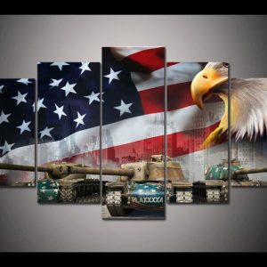 American Eagle Flag With Tank - Army 5 Panel Canvas Art Wall Decor