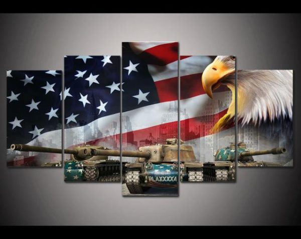 American Eagle Flag With Tank - Army 5 Panel Canvas Art Wall Decor