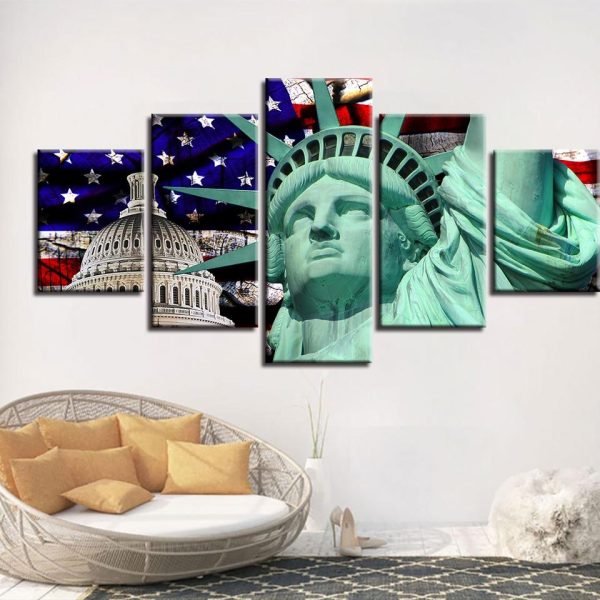 American Flag And Statue Of Liberty 1 - Abstract 5 Panel Canvas Art Wall Decor