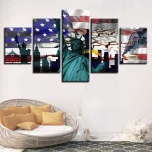 American Flag And Statue Of Liberty 2 - Abstract 5 Panel Canvas Art Wall Decor