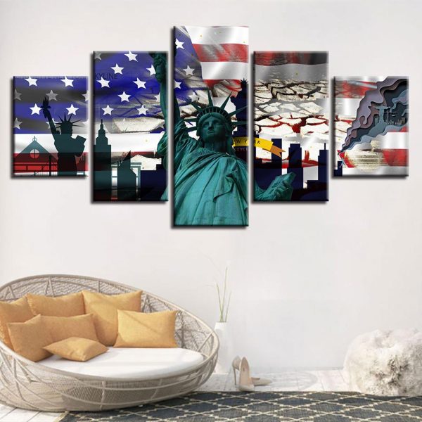 American Flag And Statue Of Liberty 2 - Abstract 5 Panel Canvas Art Wall Decor