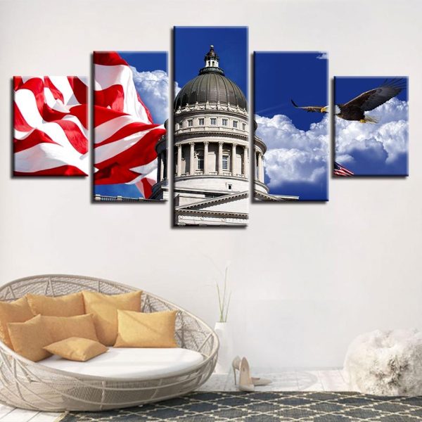 American Flag Eagle Saint PaulS Cathedral Building - Abstract 5 Panel Canvas Art Wall Decor