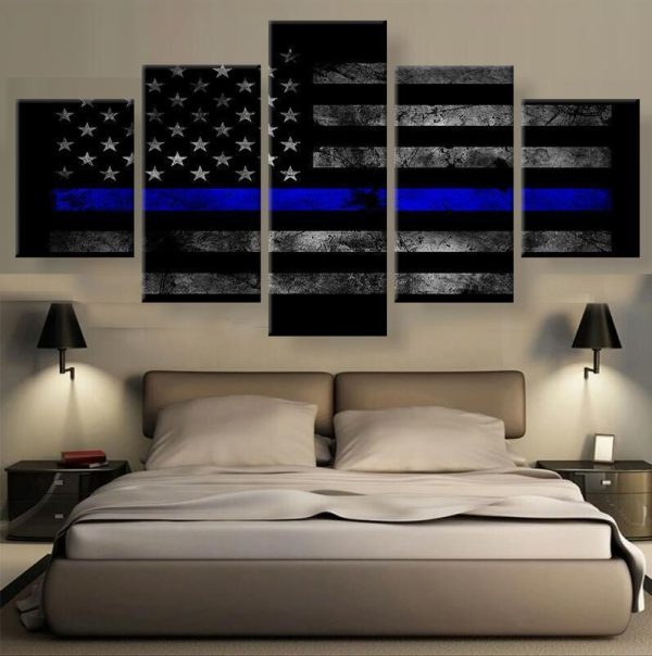 American Flag with Police Blue Line Abstract - 5 Panel Canvas Art Wall Decor