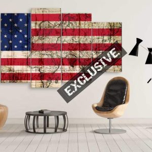 American Grunge Flag Overlay With Old World Map - Abstract 5 Panel Canvas Art Wall Decor