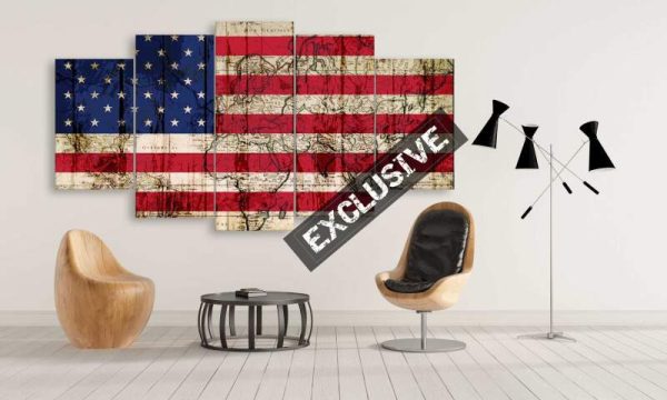 American Grunge Flag Overlay With Old World Map - Abstract 5 Panel Canvas Art Wall Decor