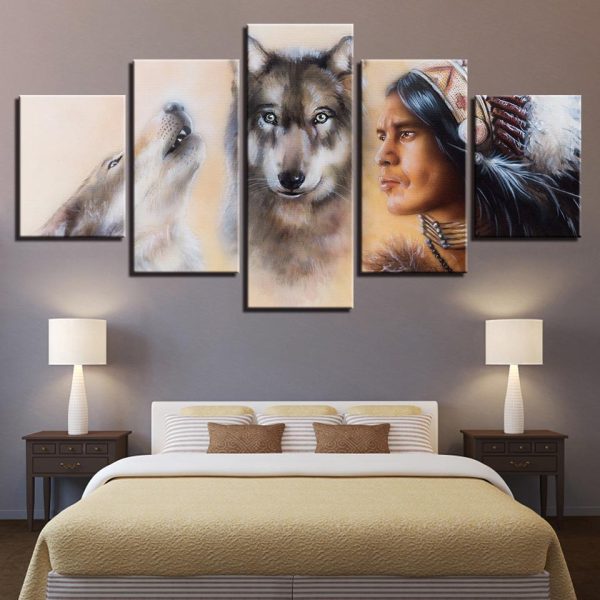 American Indian And Wolves - Army 5 Panel Canvas Art Wall Decor