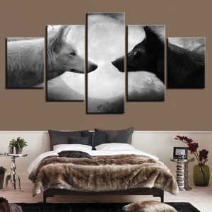 Animal Black White Wolves Moon Night Scene - Animal 5 Panel Canvas Art Wall Decor