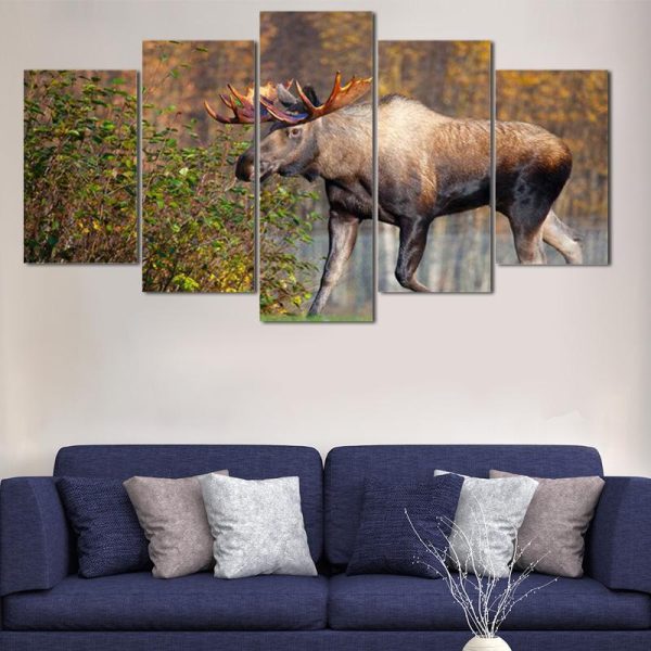 Animal Deer Walking Landscape - Animal 5 Panel Canvas Art Wall Decor