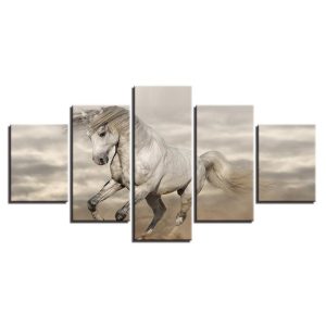 Animal White Horse Running Ste - Animal 5 Panel Canvas Art Wall Decor