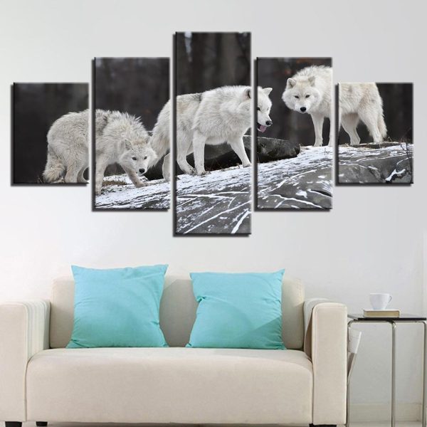 Animal White Snow Wolves - Animal 5 Panel Canvas Art Wall Decor