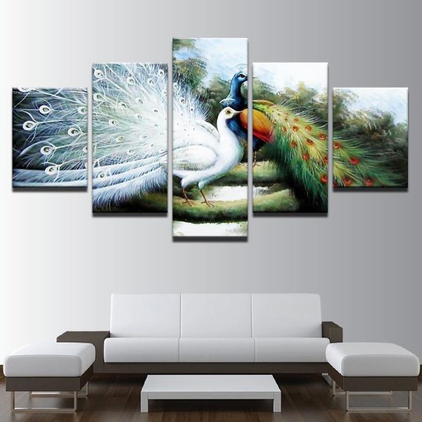 Anime Peacock Couple - Abstract Animal 5 Panel Canvas Art Wall Decor