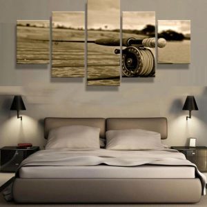 Antique Fishing Rod Reel On Fishing Pier Deck - Fishing 5 Panel Canvas Art Wall Decor