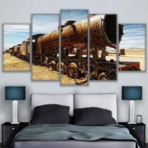 Antique Steam Train Locomotive In The Desert - Automative 5 Panel Canvas Art Wall Decor