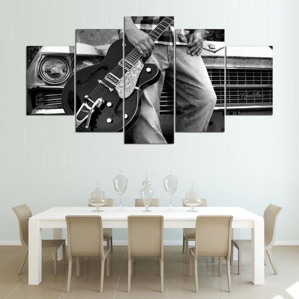 Art Guitar Car Black White - Music 5 Panel Canvas Art Wall Decor