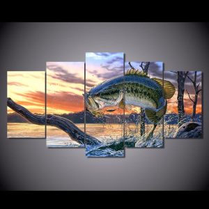 Ation Jumping Fish Landscape - Fishing 5 Panel Canvas Art Wall Decor