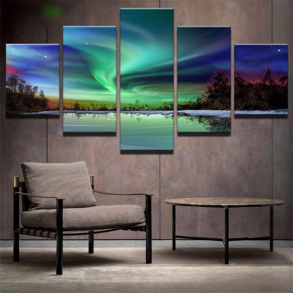 Aurora Borealis Over Forest Lake Landscape - Nature 5 Panel Canvas Art Wall Decor