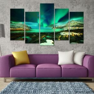 Aurora Borealis Over Natural Harbour - Nature 5 Panel Canvas Art Wall Decor