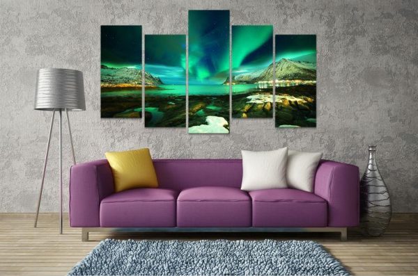 Aurora Borealis Over Natural Harbour - Nature 5 Panel Canvas Art Wall Decor