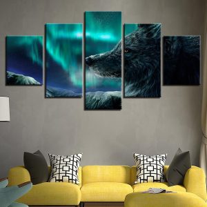 Aurora Landscape Animal Wolf - Animal 5 Panel Canvas Art Wall Decor