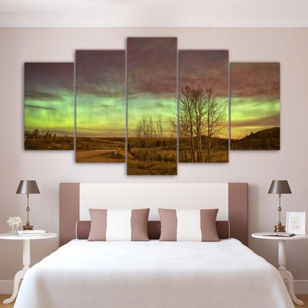 Aurora Sky Stars Shining Night - Nature 5 Panel Canvas Art Wall Decor