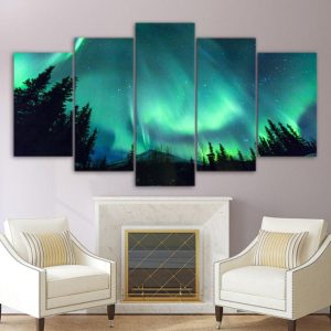 Aurora Starry Night Sky - Nature 5 Panel Canvas Art Wall Decor