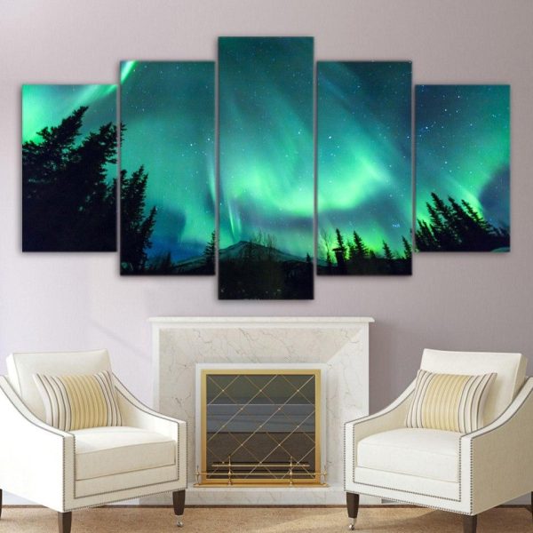 Aurora Starry Night Sky - Nature 5 Panel Canvas Art Wall Decor